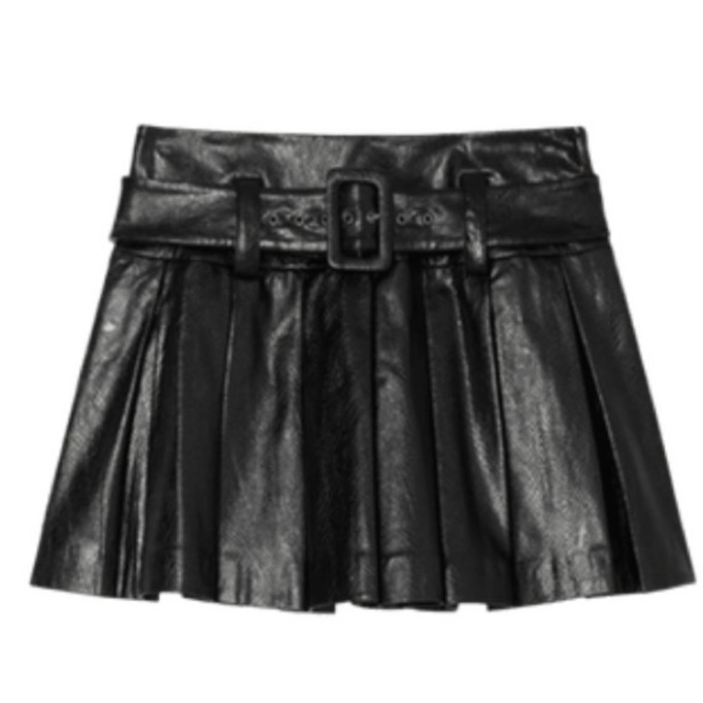 Ramy Brook Black Pleated Faux Leather Mini Skirt with Belted Waist